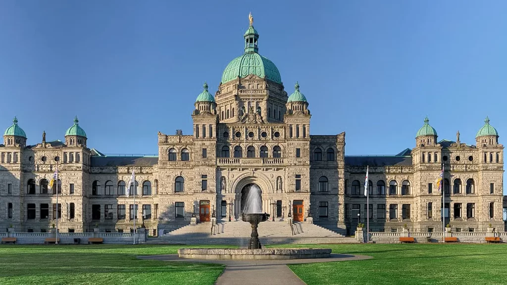 BC's Parliament Building on a sunny day with a clear blue sky