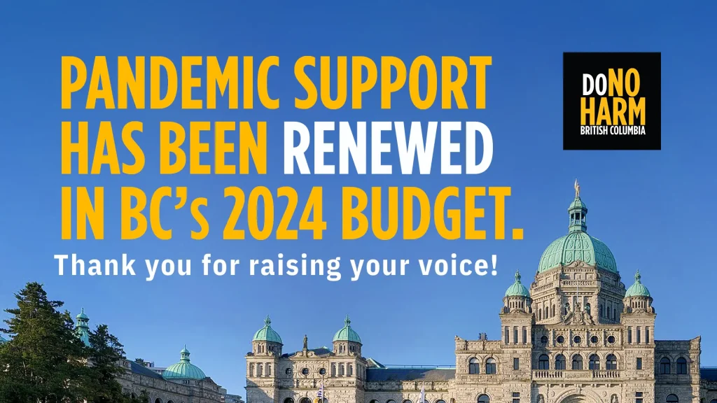 Against an image of BC's Parliament Building and a vivid blue sky is the DoNoHarm BC logo, and white and gold text reading, pandemic support has been renewed in BC's 2024 Budget. Thank you for raising your voice!